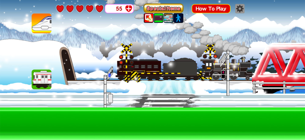 Working Car Vroom S - A steam train crossing a bridge in a snowy landscape with mountains and a tunnel.