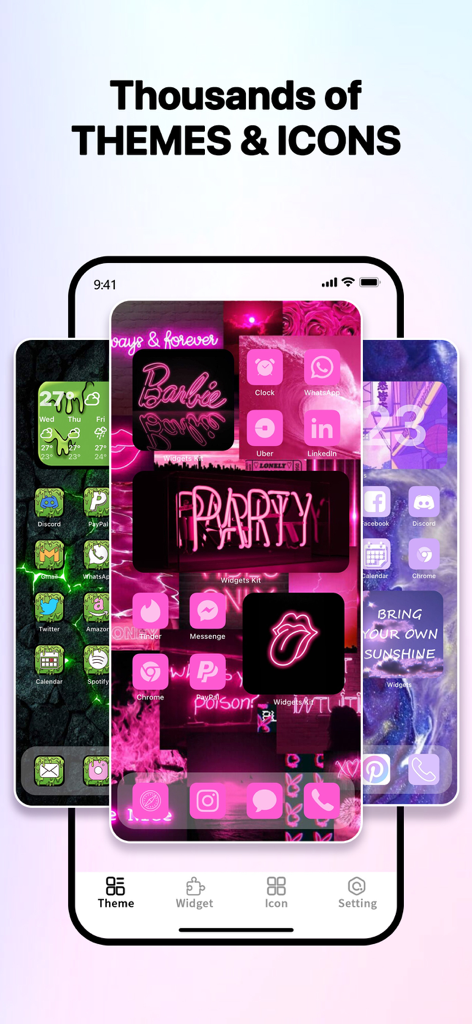 Uma variedade de temas estéticos para tela inicial do iPhone e ícones personalizados em estilos rosa neon, verde e roxo.