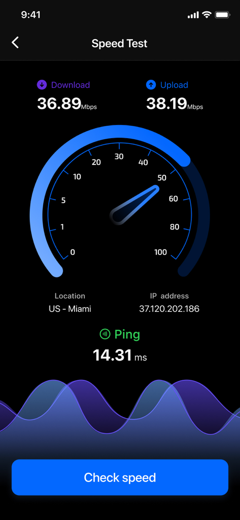 Secure VPN & Fast Proxy Master - 다운로드 및 업로드 지표가 표시된 속도 테스트를 보여주는 안전한 VPN 앱의 인터페이스