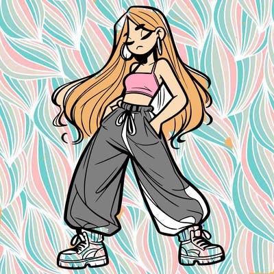 girl in baggy pants crop top and long hair
