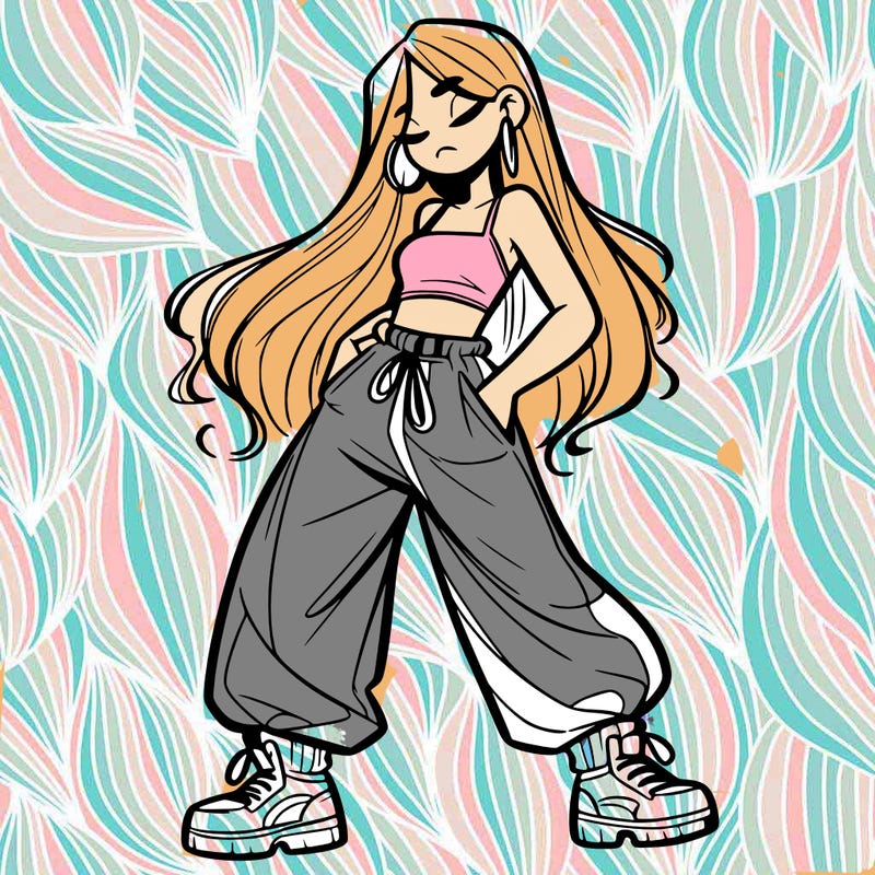 girl in baggy pants crop top and long hair