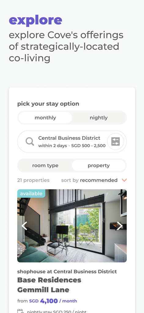 Mobile app interface showing search results for aesthetic co-living apartments in the Central Business District