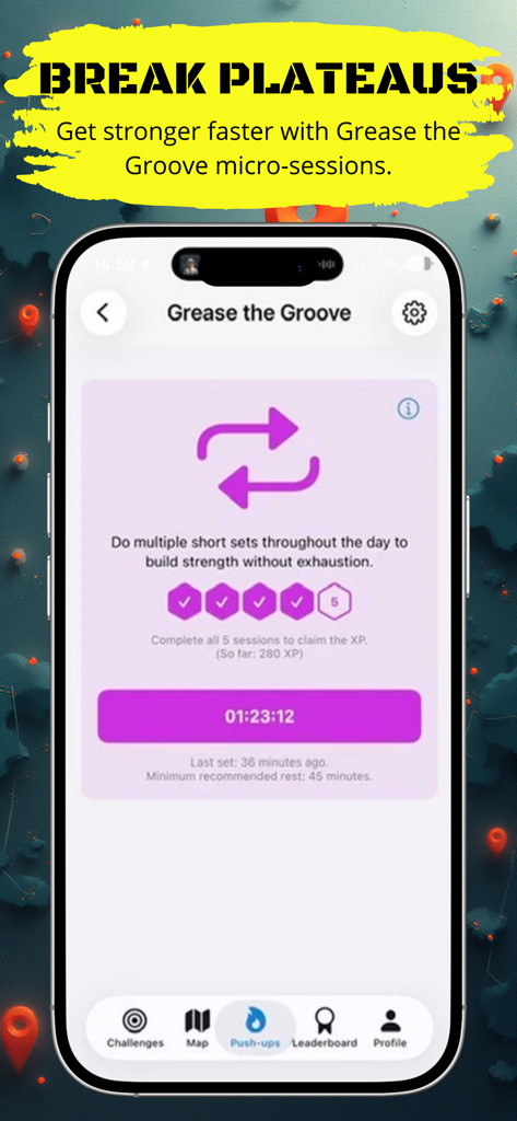 Pantalla de la aplicación Push Up Legends que muestra micro-sesiones Grease the Groove para entrenamiento de fuerza