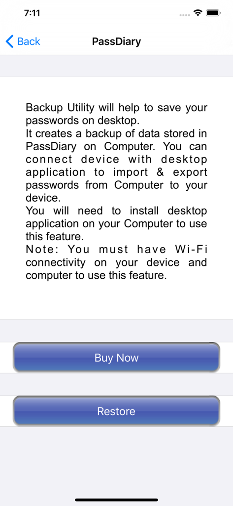 PassDiary Password Manager - Ecrã de utilidade de backup da aplicação PassDiary com instruções para opções de backup e restauração de dados no desktop.