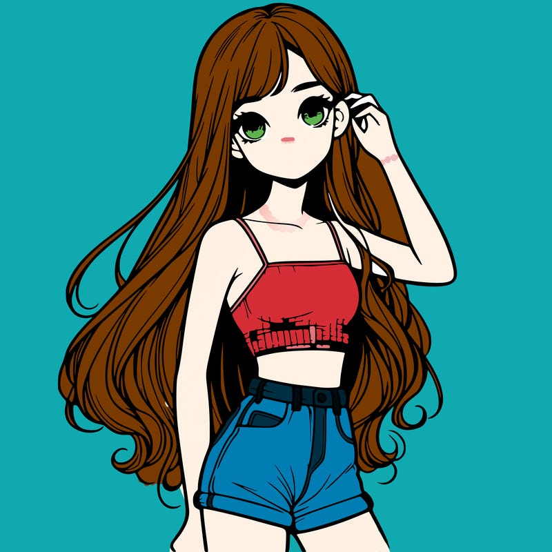 a girl with a crop top short shorts and long hair realistic