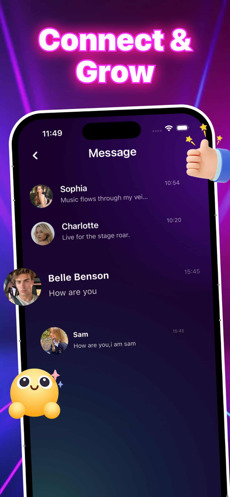 Connect and Grow라는 텍스트가 있는 Bubee 앱 메시징 인터페이스를 표시하는 스마트폰 화면.