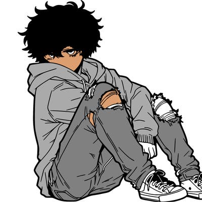 a male hoddie ripped jeans messy hair anime