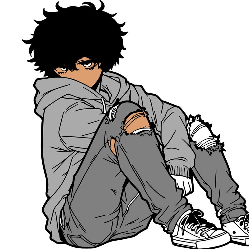 a male hoddie ripped jeans messy hair anime