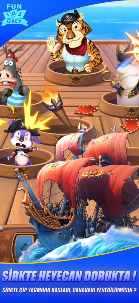 Fun 101 Okey - Play Win Online - Modo circo de barco pirata en Fun 101 Okey con personajes de animales de dibujos animados