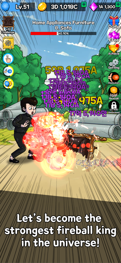 A character in The Legend of Fireball shooting flames at a piece of furniture with floating damage numbers