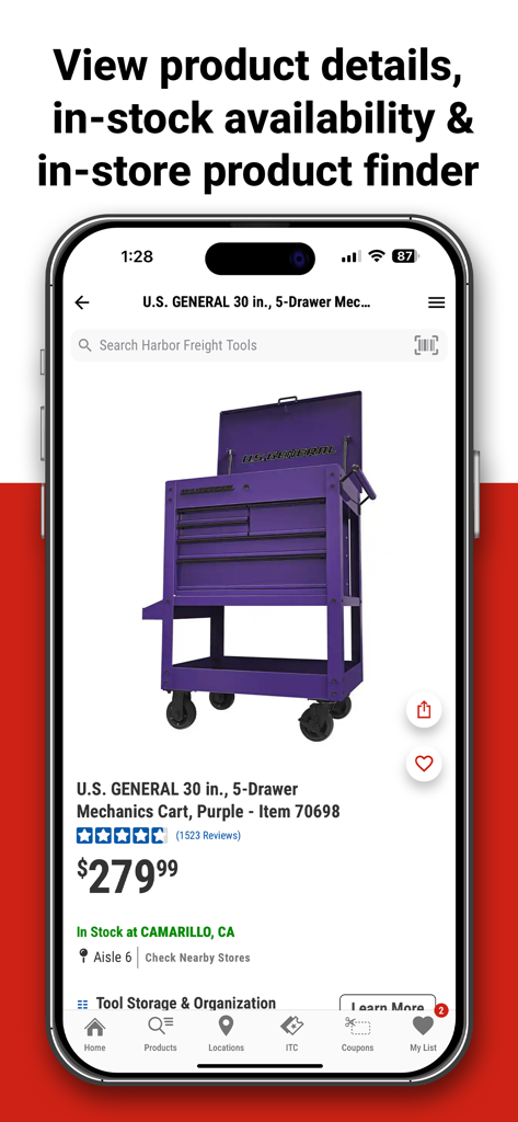 Die Benutzeroberfläche der Harbor Freight Tools App, die Produktdetails zum Lagerbestand und den Standort im Geschäft für einen Werkstattwagen anzeigt
