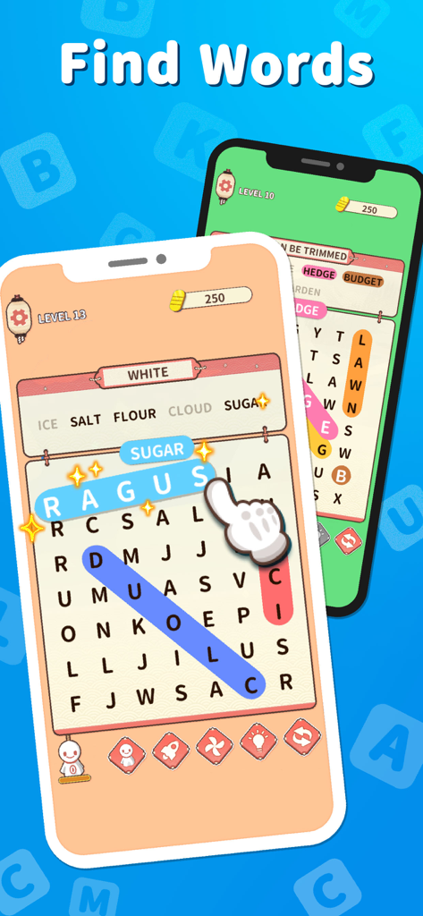 Ring of Words - Search Games - Screenshot of Ring of Words game showing word search levels on mobile phones