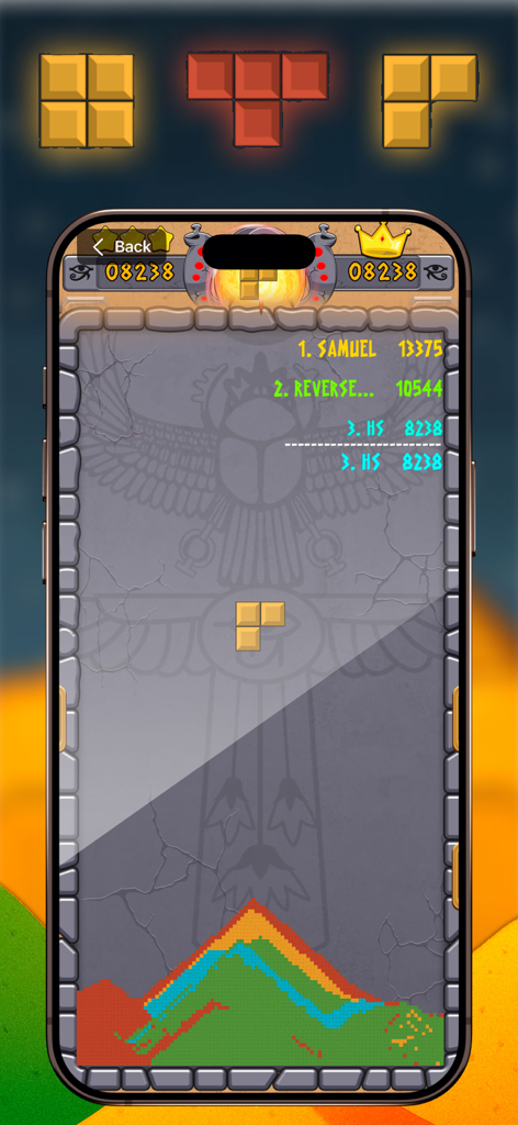 Sand Crush- Block Puzzle Blast - 이집트 테마의 블록 퍼즐 게임에서 리더보드와 다채로운 모래 더미를 보여주는 모바일 게임 화면.