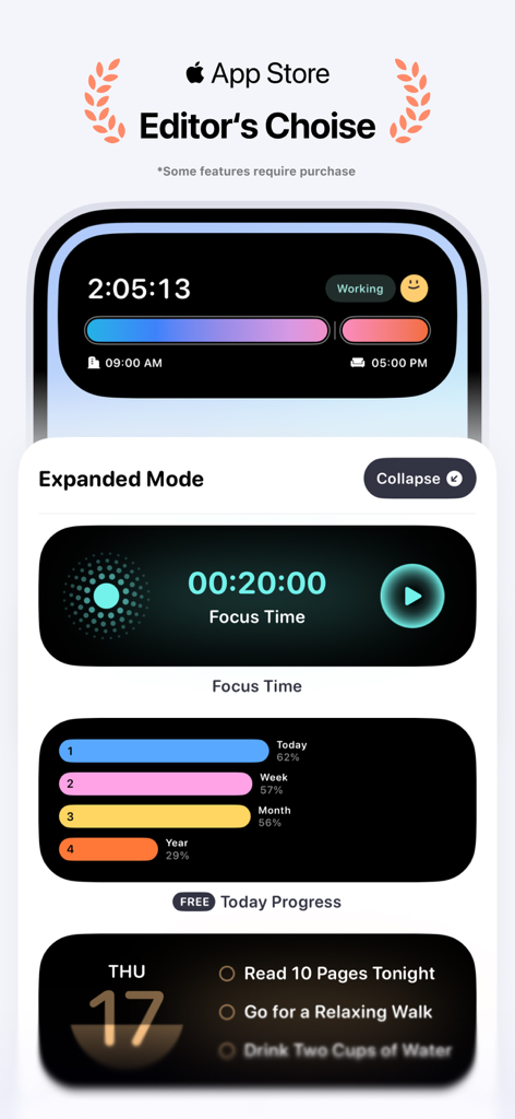 Screenshot of Koco Widgets expanded mode showing focus time and progress tracking widgets.