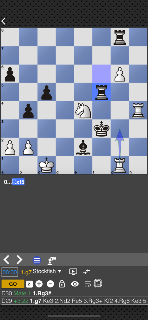 A chess board analysis interface showing Stockfish engine evaluations and tactical move notation