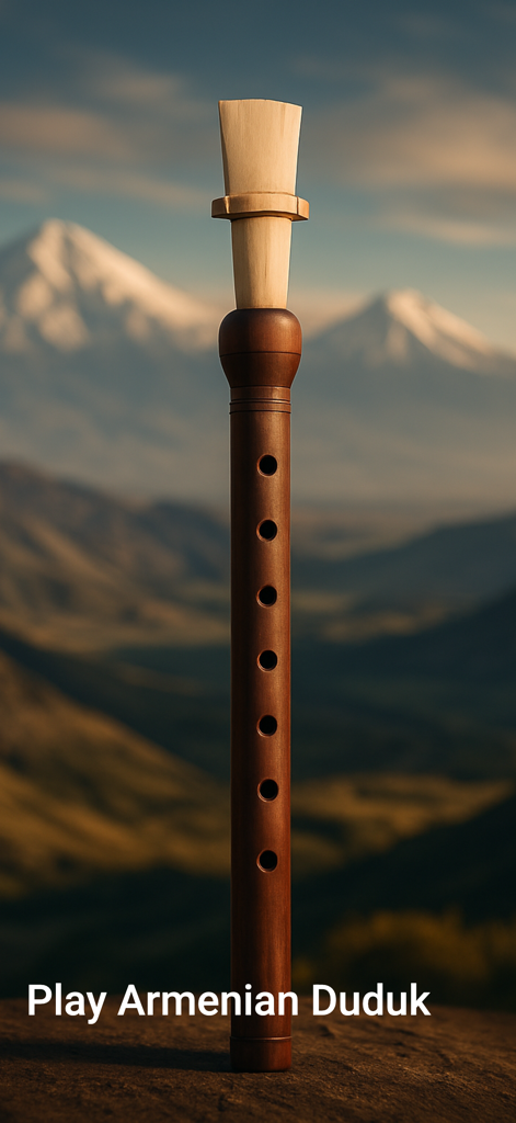 Duduk Sim - A traditional Armenian duduk woodwind instrument standing in front of a scenic mountain landscape