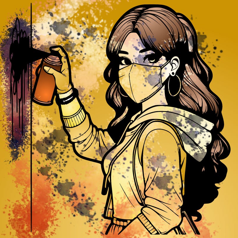 realistic girl with mask spray painting a wall