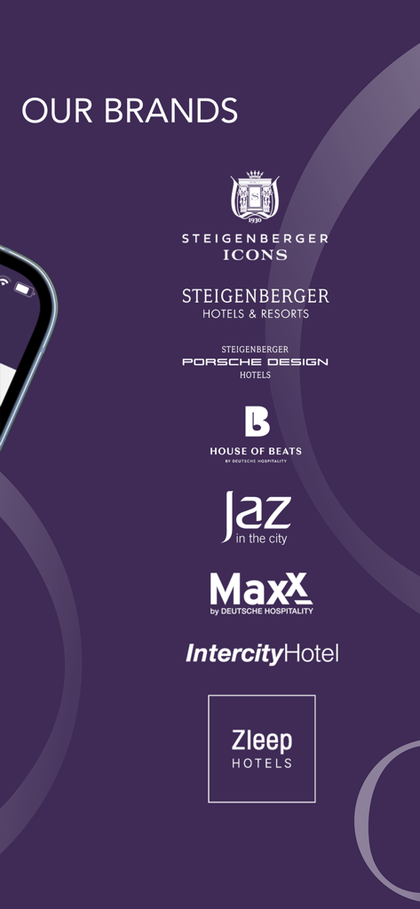 H Rewards app screen showcasing its portfolio of hotel brands including Steigenberger and IntercityHotel
