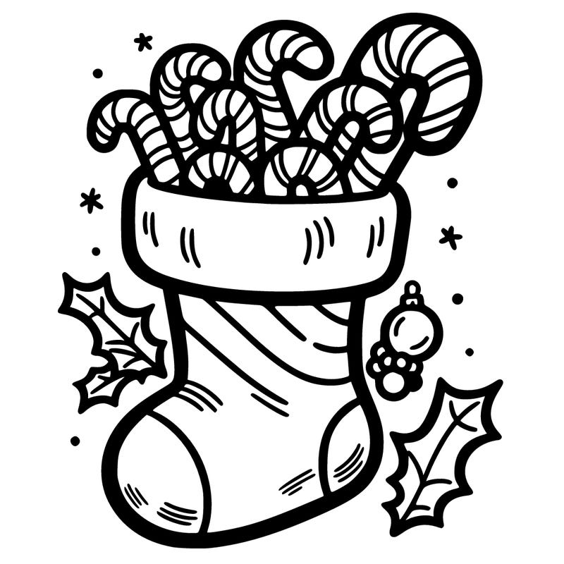 illustrate a simple stocking filled with candy canes%2c surrounded by holly and ornaments.
