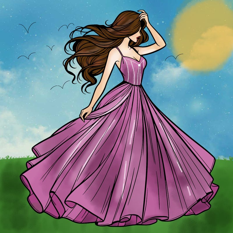 realistic woman with dress flowing in the wind