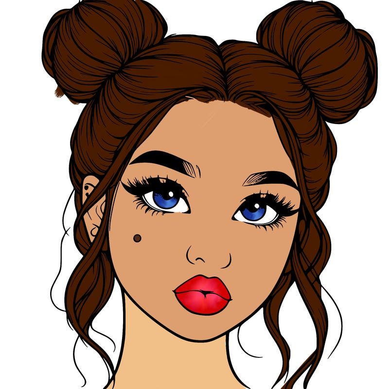 realistic girl with two buns on her hair and lips