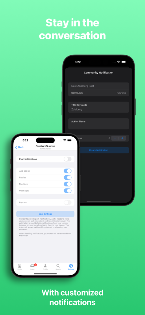 Arctic For Lemmy - Capturas de pantalla de la aplicación Arctic for Lemmy mostrando la configuración personalizable de notificaciones push y alertas de comunidad