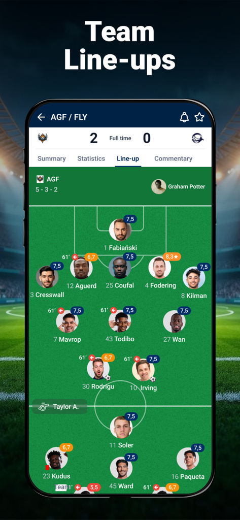 Football Live Score & Stats - A mobile app interface displaying a soccer team formation with individual player ratings on a virtual pitch.
