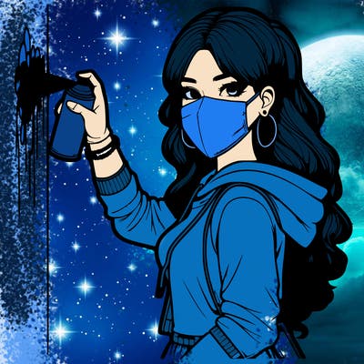 realistic girl with mask spray painting a wall