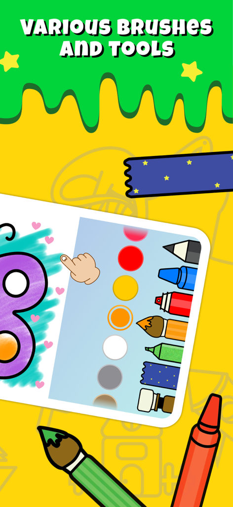 Interface de coloriage numérique pour enfants avec diverses brosses, crayons et une palette colorée