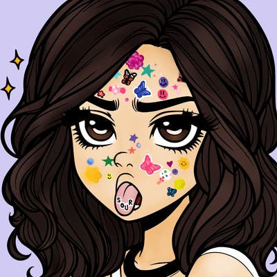 realistic annoyed girl with tongue out with waves hair