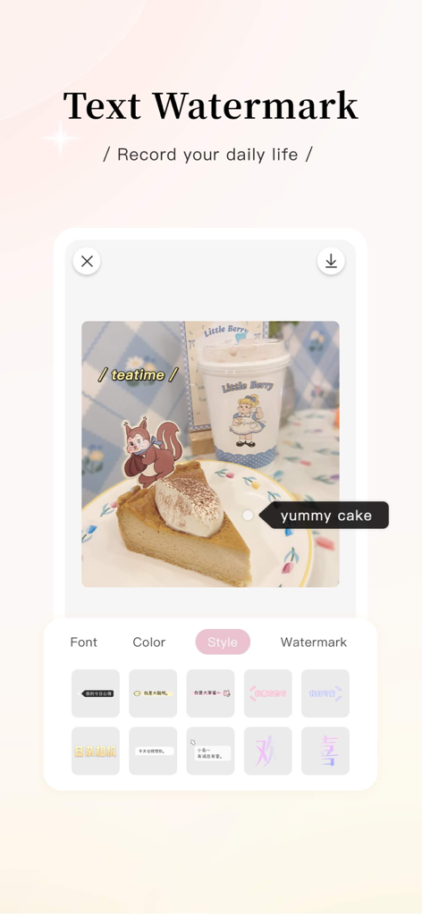 RizaCam app interface demonstrating text watermark and styling features on a food photo