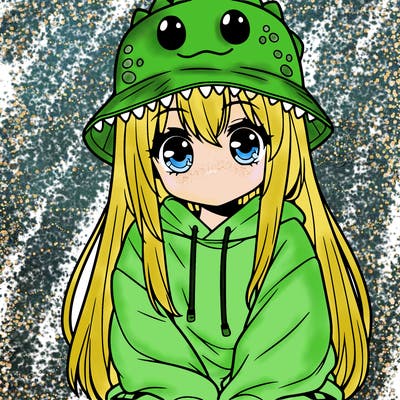 girl with anime shaped eyes with a dinosaur bucket hat oversized sweatshirt long straight hair