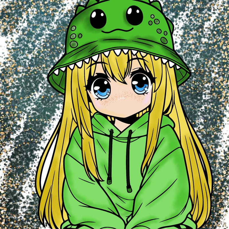 girl with anime shaped eyes with a dinosaur bucket hat oversized sweatshirt long straight hair