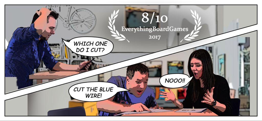 Comic illustration of friends playing Them Bombs co-op game with one person on a phone and two others reading a manual.