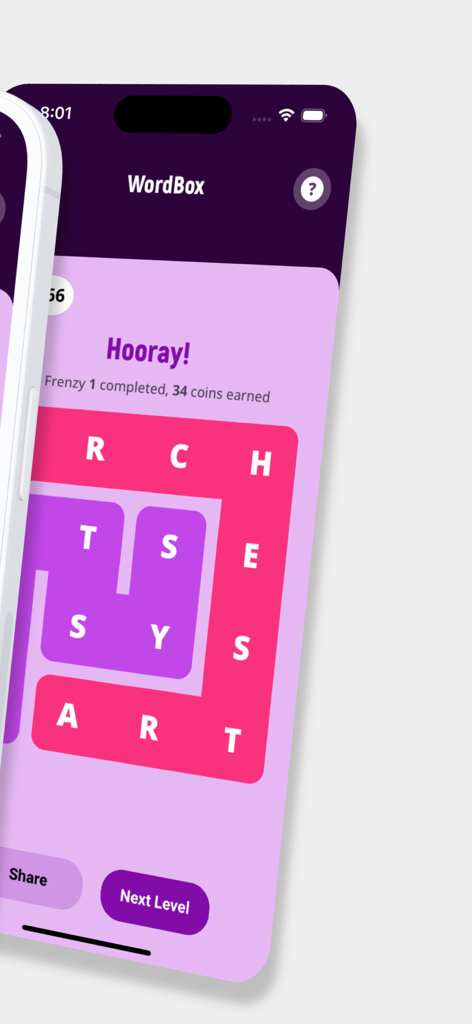 Strands WordBox Word Search - Strands WordBox app screenshot showing a completed Frenzy word search level with a minimalist design