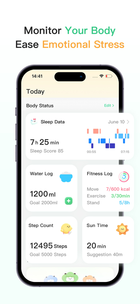 FeelFlow-HRV&Stress&Sleep - 수면 데이터, 물 섭취량, 피트니스 활동, 걸음 수 및 햇빛 노출을 보여주는 FeelFlow 앱 대시보드