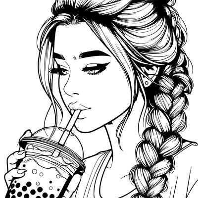 realistic girl drinking boba tea with braided hair