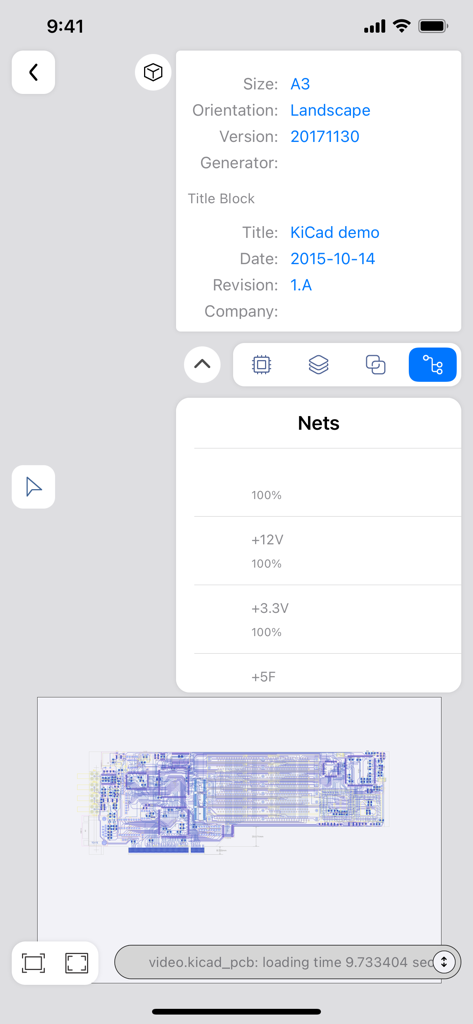 KiCAD PCB Viewer - Interfaz móvil de KiCAD PCB Viewer que muestra metadatos del archivo y redes eléctricas