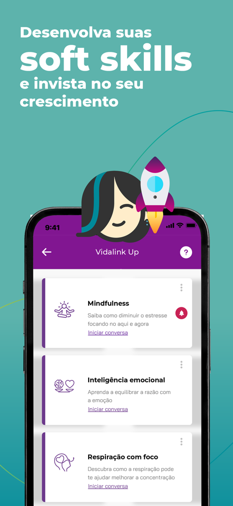 Vidalink - Vidalinkアプリの画面。マインドフルネスや感情的知性などの専門的な成長やソフトスキルのオプションが表示されています。