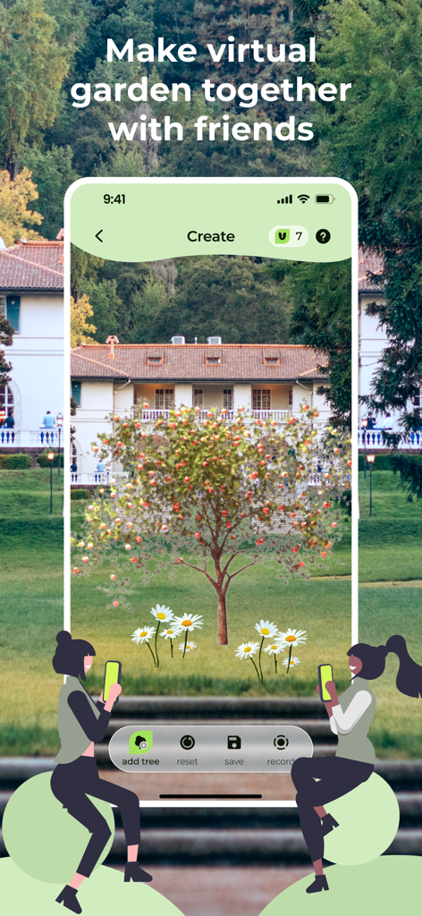 Virtual Garden: Landscaping - Zwei Personen nutzen die Virtual Garden App, um gemeinsam an einem Gartendesign mit einem AR-Baum und Blumen zu arbeiten.
