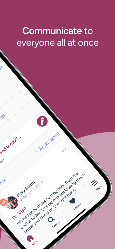 Interface do aplicativo CaringBridge mostrando uma atualização de entrada de diário para comunicação com familiares e amigos