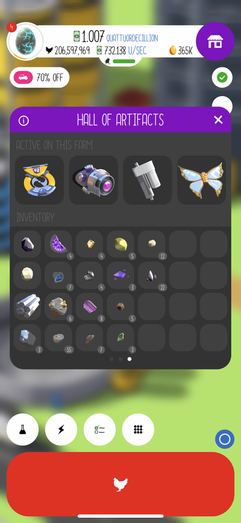 Egg Inc Hall of Artifacts menu showing active items and inventory gems