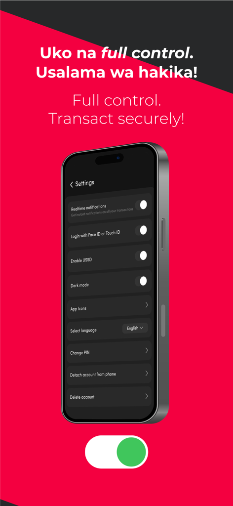 Selcom Pesa - Selcom Pesa mobile app settings screen showing security features like Face ID login and language selection