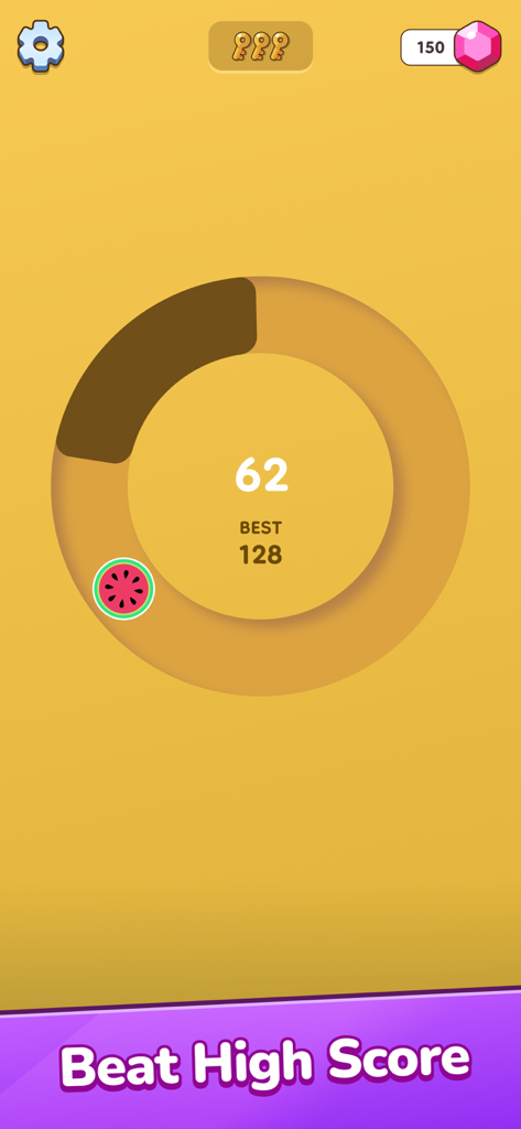 Tap on Time! - Gameplay screenshot of Tap on Time showing a watermelon skin rotating on a circular path to beat a high score