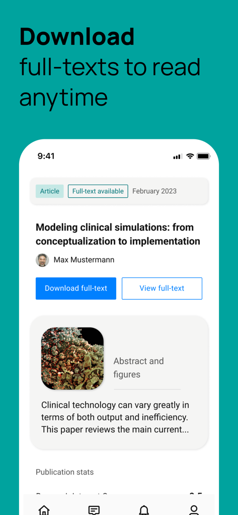 ResearchGateモバイルアプリのインターフェース。科学記事が表示され、全文をダウンロードまたは表示するオプションがあります。