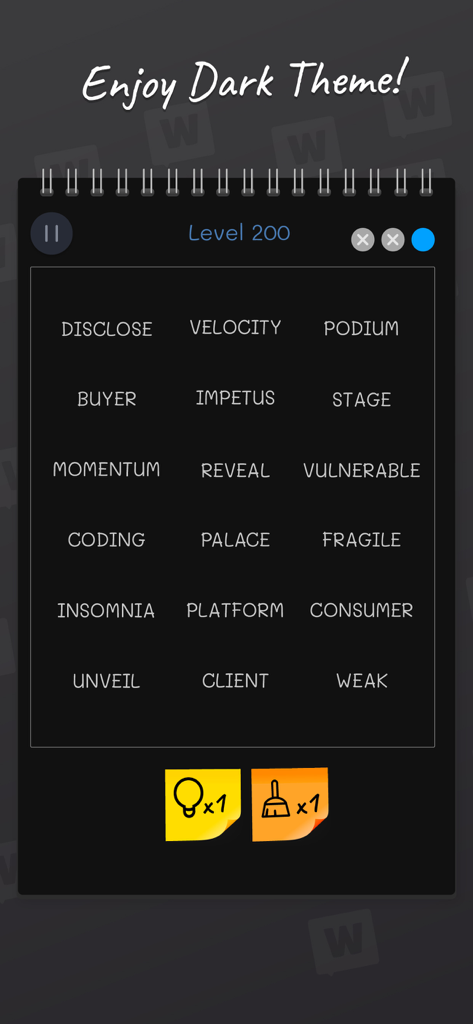 Word Match: Connections Game - Dark theme gameplay of Word Match Connections Game showing a word association puzzle board