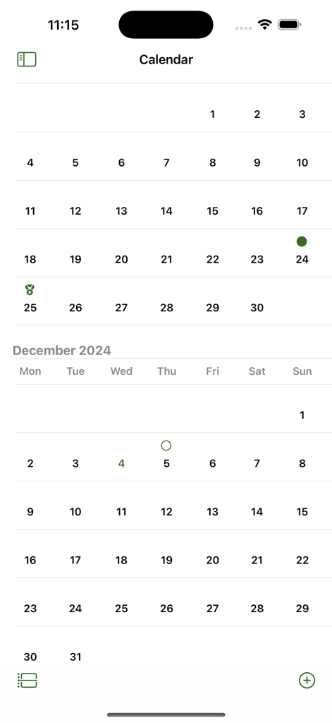 Monatliche Trainingskalenderansicht in der Mein Lauftracker-App mit geplanten Workouts und Rennzielen