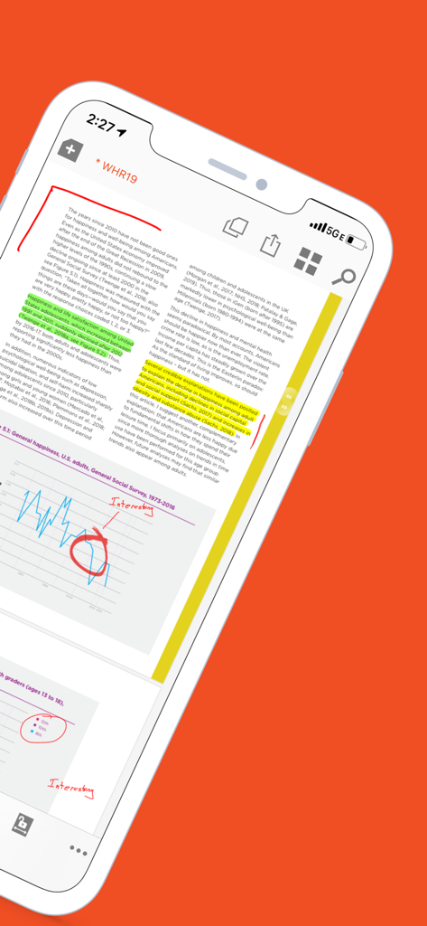 iAnnotate 4 app on iPhone displaying a PDF with yellow highlights and red handwritten notes
