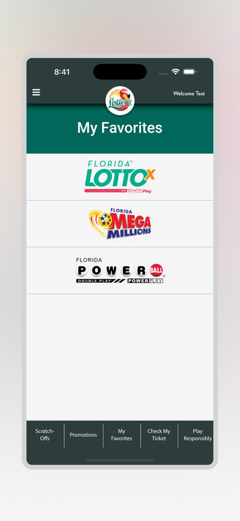 Florida Lottery app My Favorites screen showing logos for Florida Lotto, Mega Millions, and Powerball
