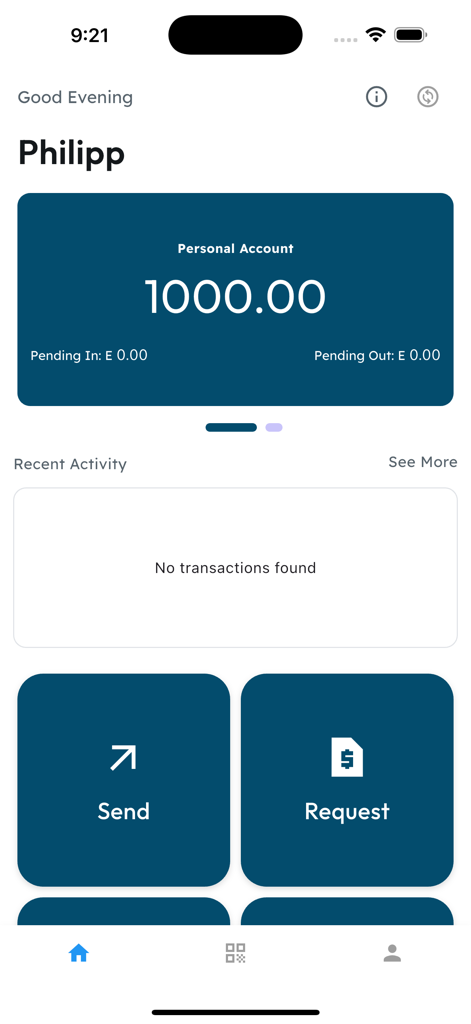 DeltaPay Eswatini mobile app dashboard showing account balance and options to send or request money